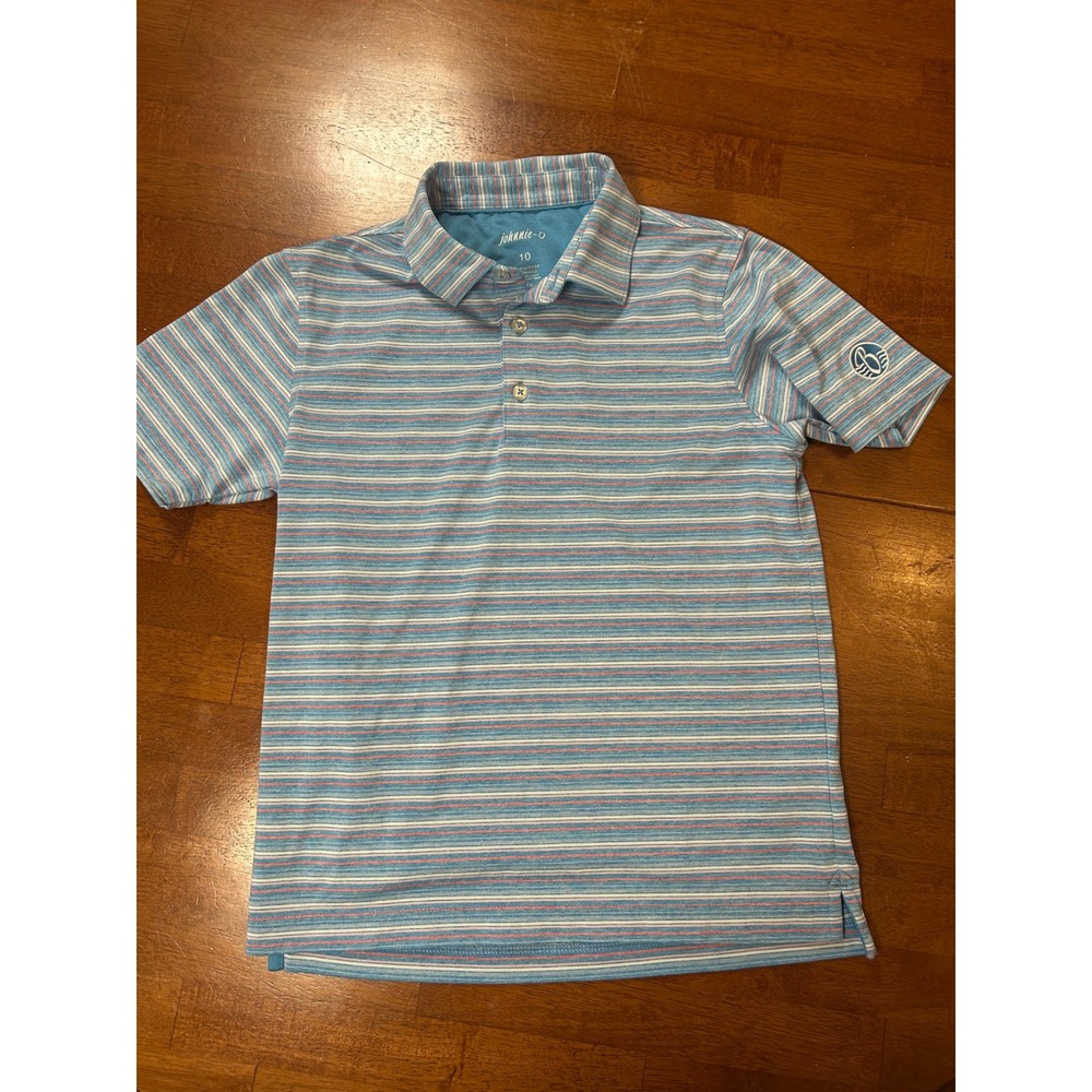 Johnnie-O Polo Shirt Boys 10 Blue Striped Short Sleeve UPF 50 Performance Top